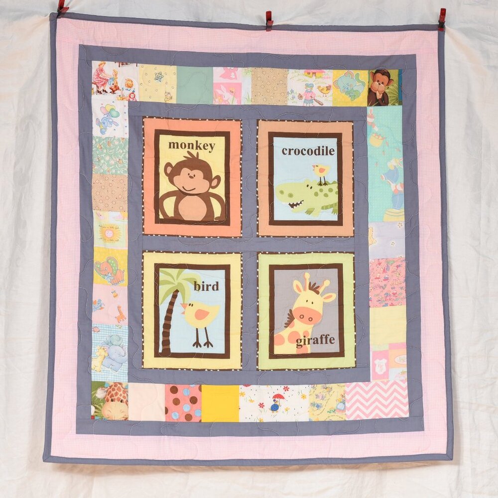 New handmade baby toddler crib quilt patchwork monkey giraffe cuddly flannel